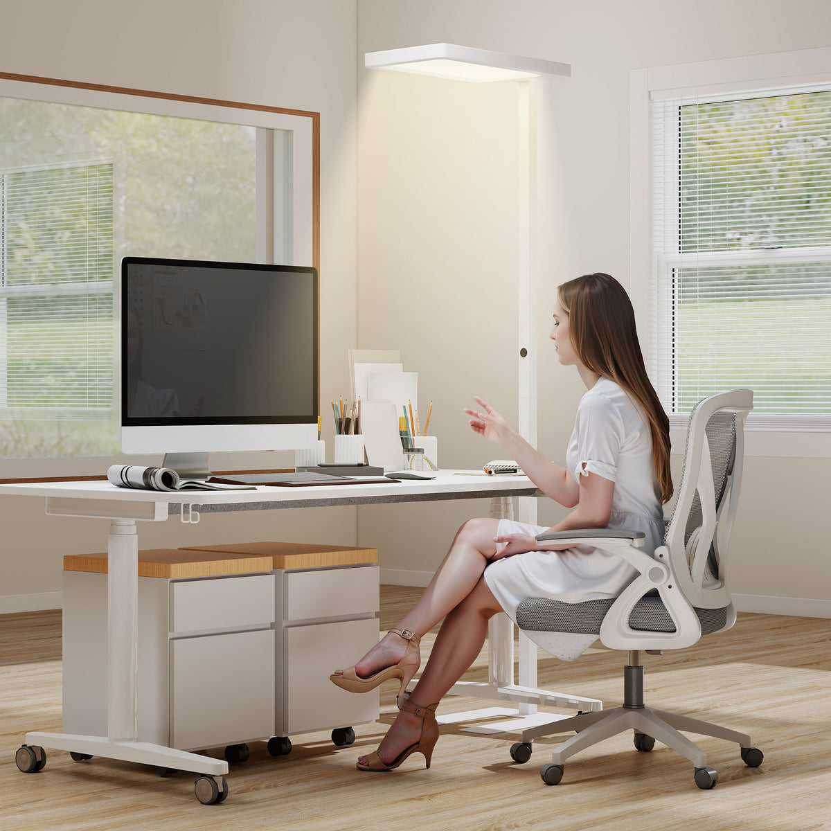 Lampadaire sur pied salon LED dimmable spectre complet pour le soin des yeux télécommande 60 x 32 x 196 cm blanc