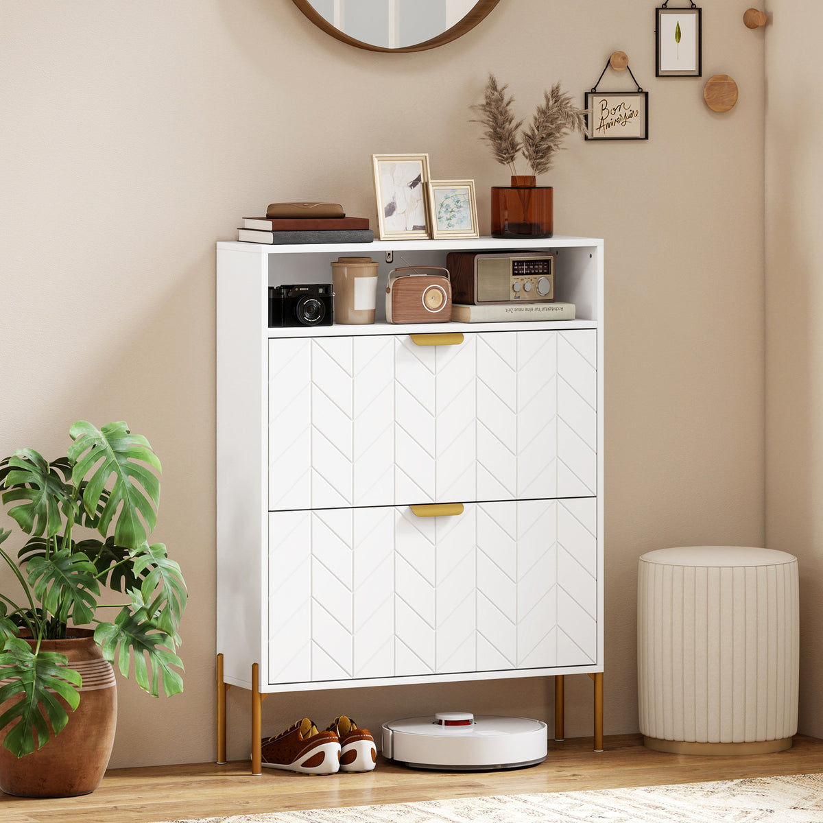 Meuble à chaussures 16 paires, armoire à chaussures étroite avec 2 tiroirs rabattables, compartiment ouvert, blanc