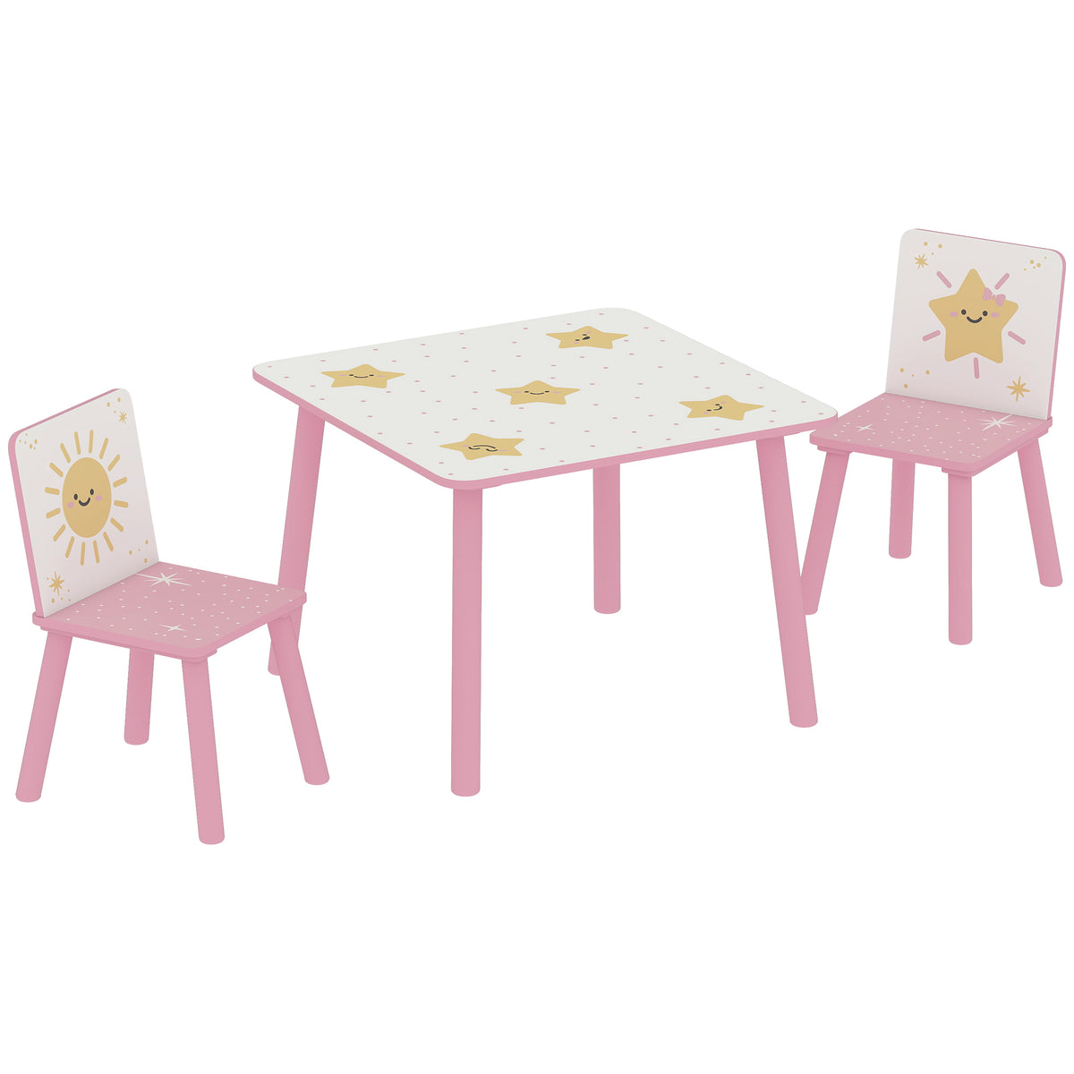 Mesa infantil con silla, juego de mesa y 2 sillas infantiles de madera, motivos de estrellas, 60 x 60 x 44 cm, rosa