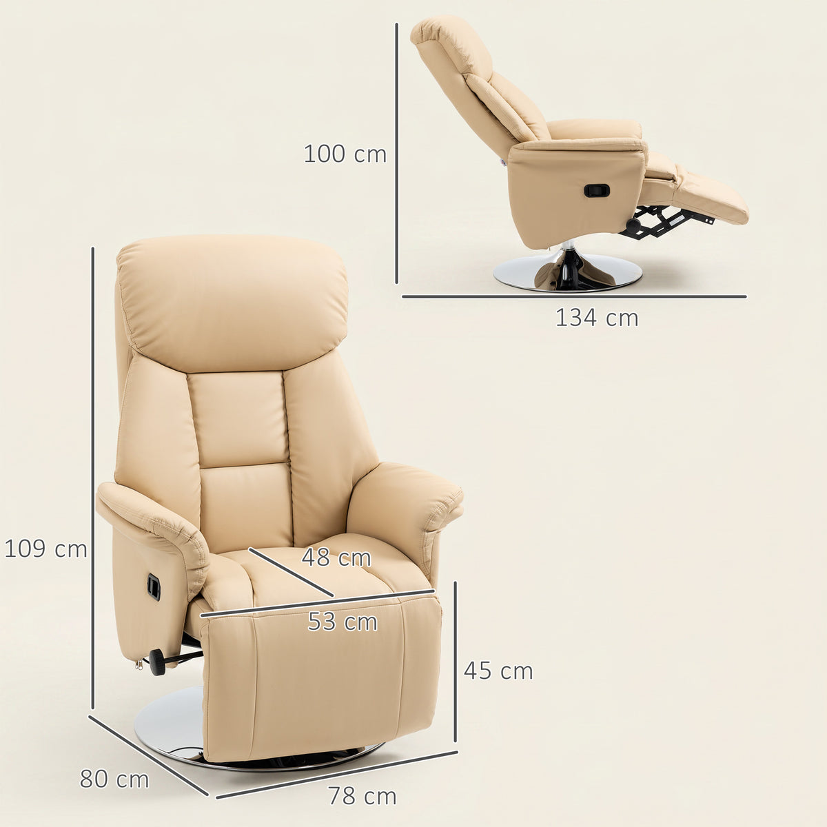 Fauteuil inclinable pivotant repose-pied réglable accoudoirs piètement acier chromé revêtement synthétique PU beige