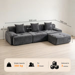 3-Seater Modular Corner Sofa with Chenille Ottoman, 300 cm Compressed Sofa with Deep Seat, 3 Cushions, Grey