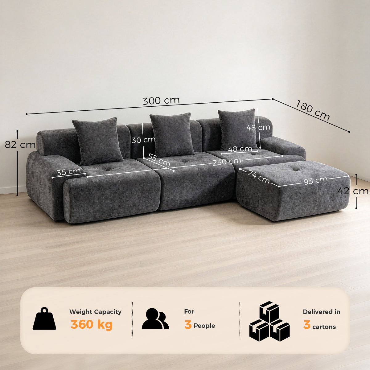 3-Seater Modular Corner Sofa with Chenille Ottoman, 300 cm Compressed Sofa with Deep Seat, 3 Cushions, Grey