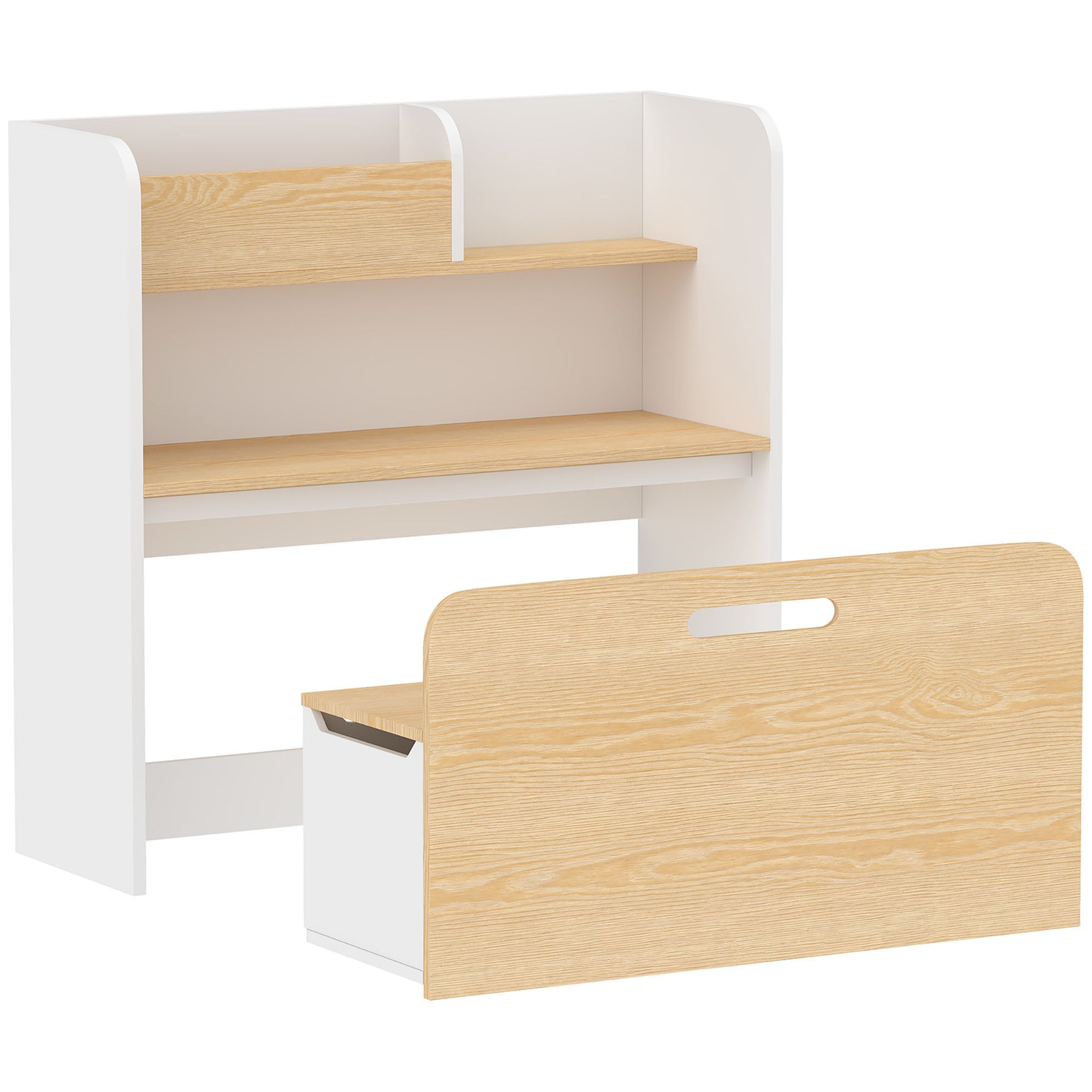 Bureau et Chaise pour Enfant 5 en 1 avec Bibliothèque et Banc Coffre à Roulettes, pour 3 à 8 Ans, Blanc