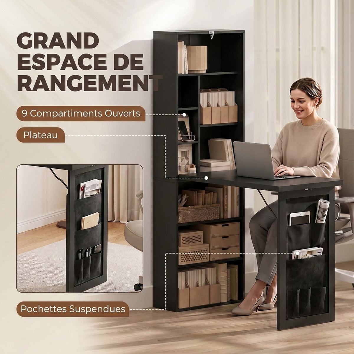 Bureau Informatique Pliable avec Pochette Suspendue, Compartiments Ouverts et Étagère Réglable, Noir