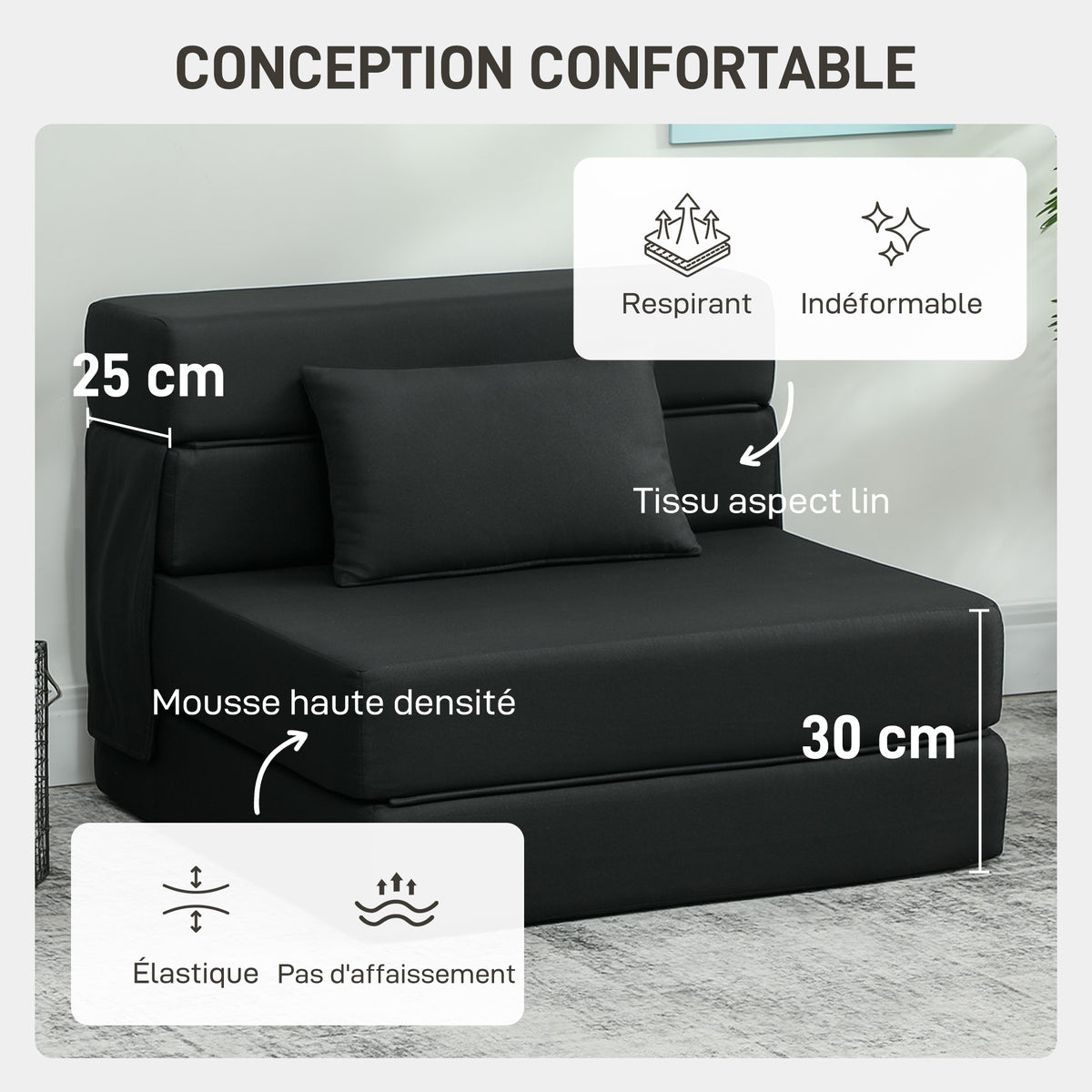Convertible 1-seater armchair, folding bed chair, cushion included, for guests, living room, small space, 120 kg capacity, black