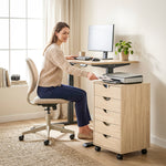 Caisson bureau mobile, meuble rangement sur roulettes avec 5 tiroirs, bois, 40 x 40 x 67 cm, chêne