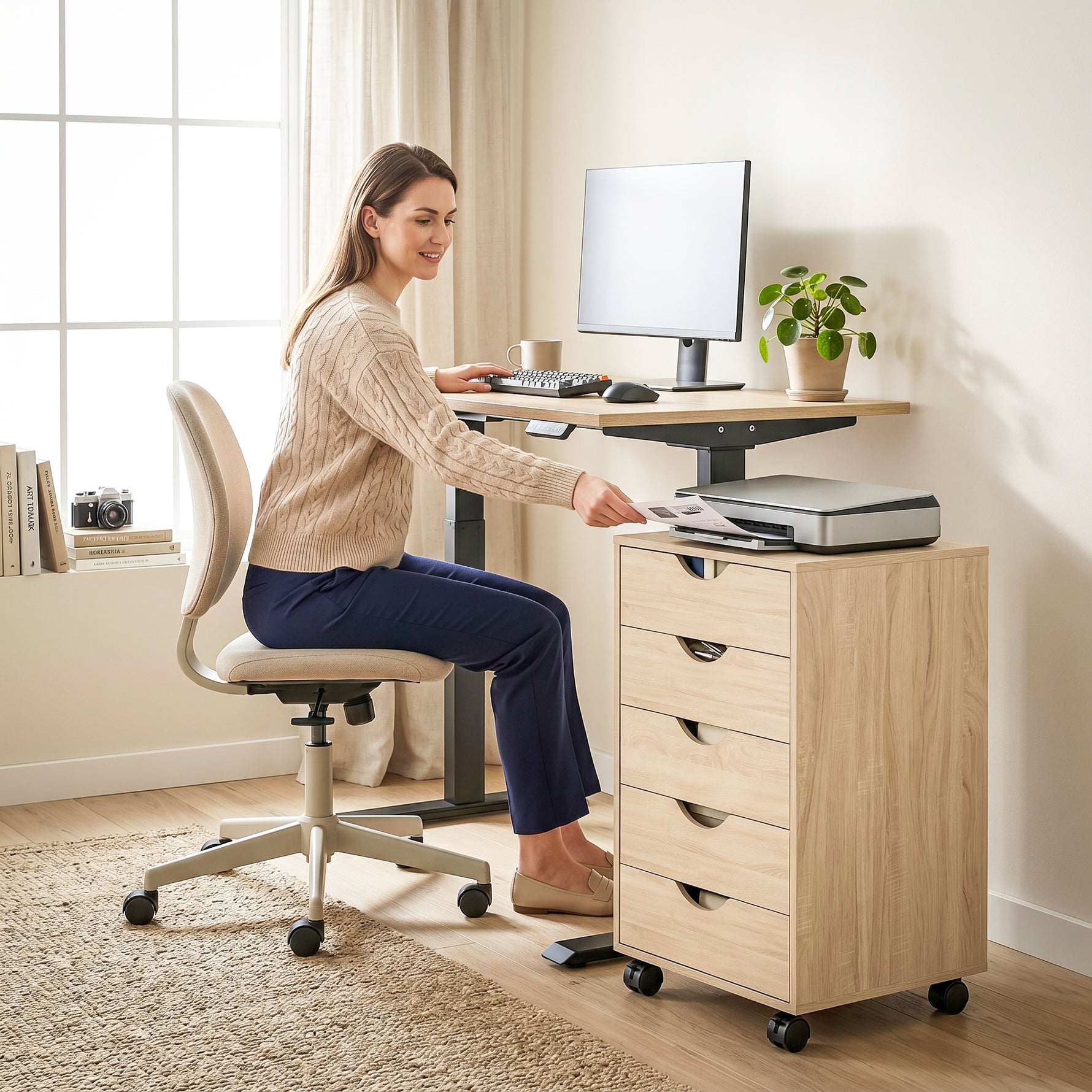 Caisson bureau mobile, meuble rangement sur roulettes avec 5 tiroirs, bois, 40 x 40 x 67 cm, chêne