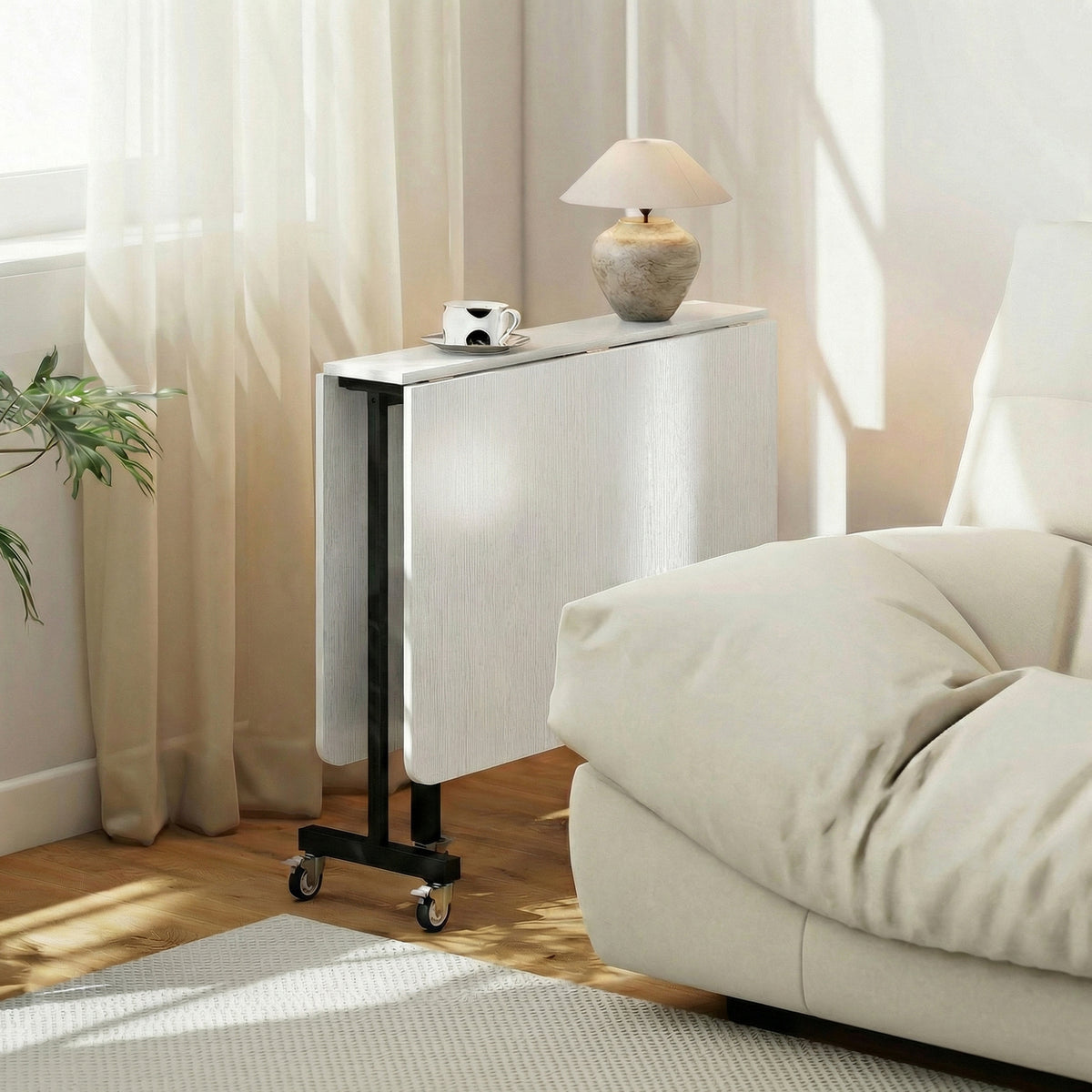 Tavolo da pranzo pieghevole con ruote per 4-6 persone 120 cm, ruote con freni, 2 ante a ribalta, stile industriale, bianco nero