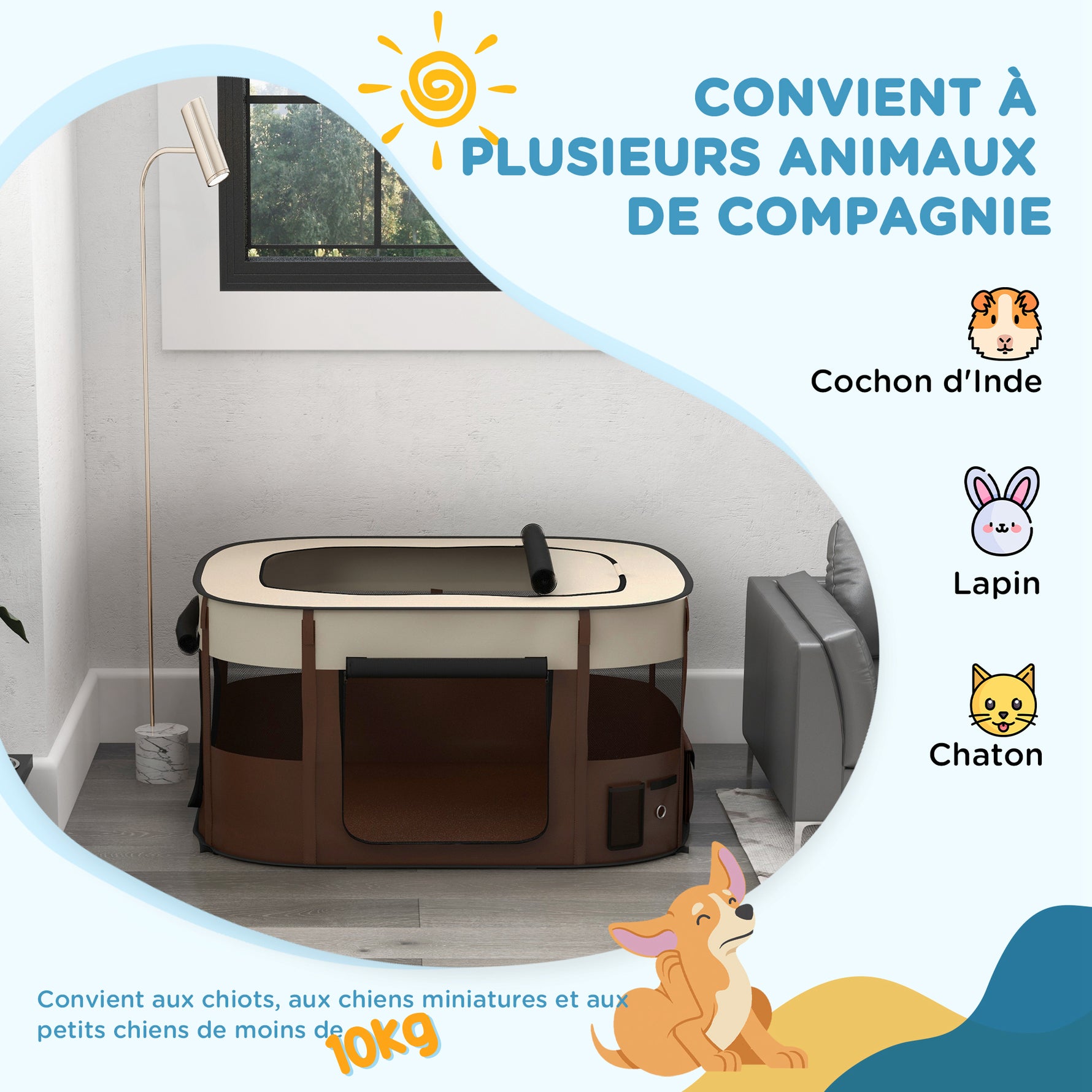 Parc pliable pour animaux de compagnie parc pour chiots en tissu Oxford avec fenêtres et portes sac de rangement marron