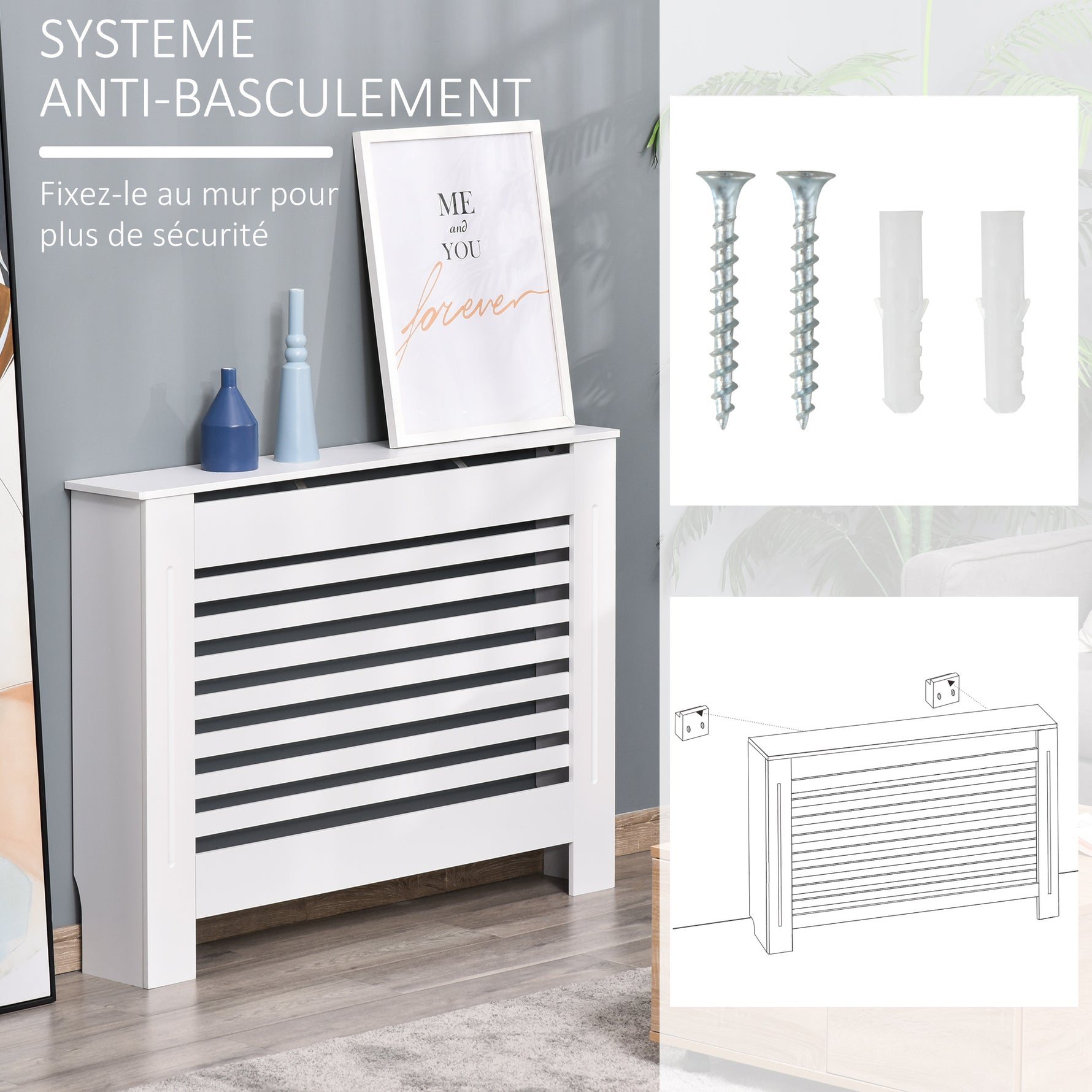 Cache-radiateur couverture radiateur Design à Lattes Panneau Cabinet pour salon cuisine chambre couloir dim. 112L x 19l x 81H cm MDF Blanc