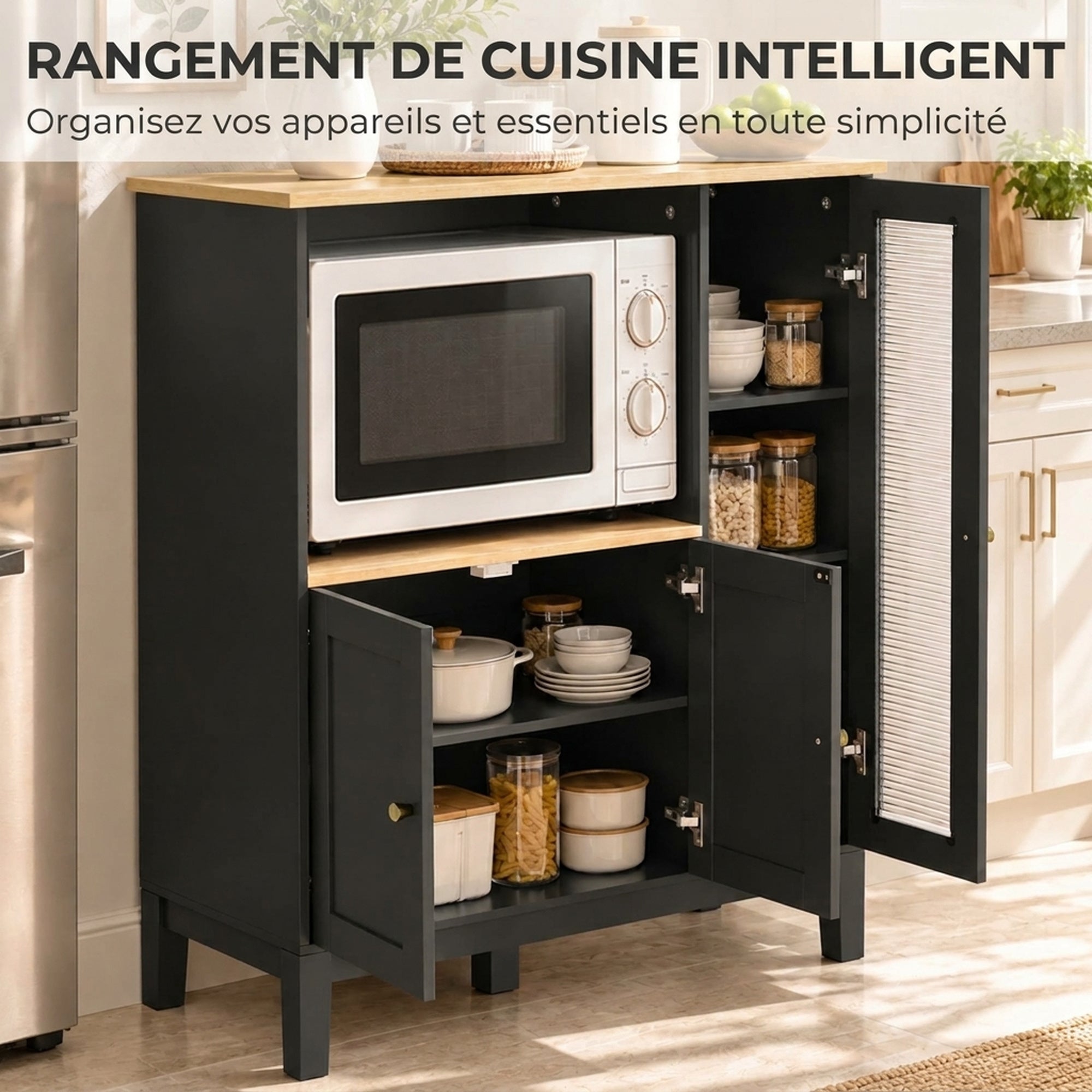 Mueble armario para microondas de cocina con 1 nicho, 3 puertas, pasacables, 80 x 35 x 97 cm, color negro y aspecto madera