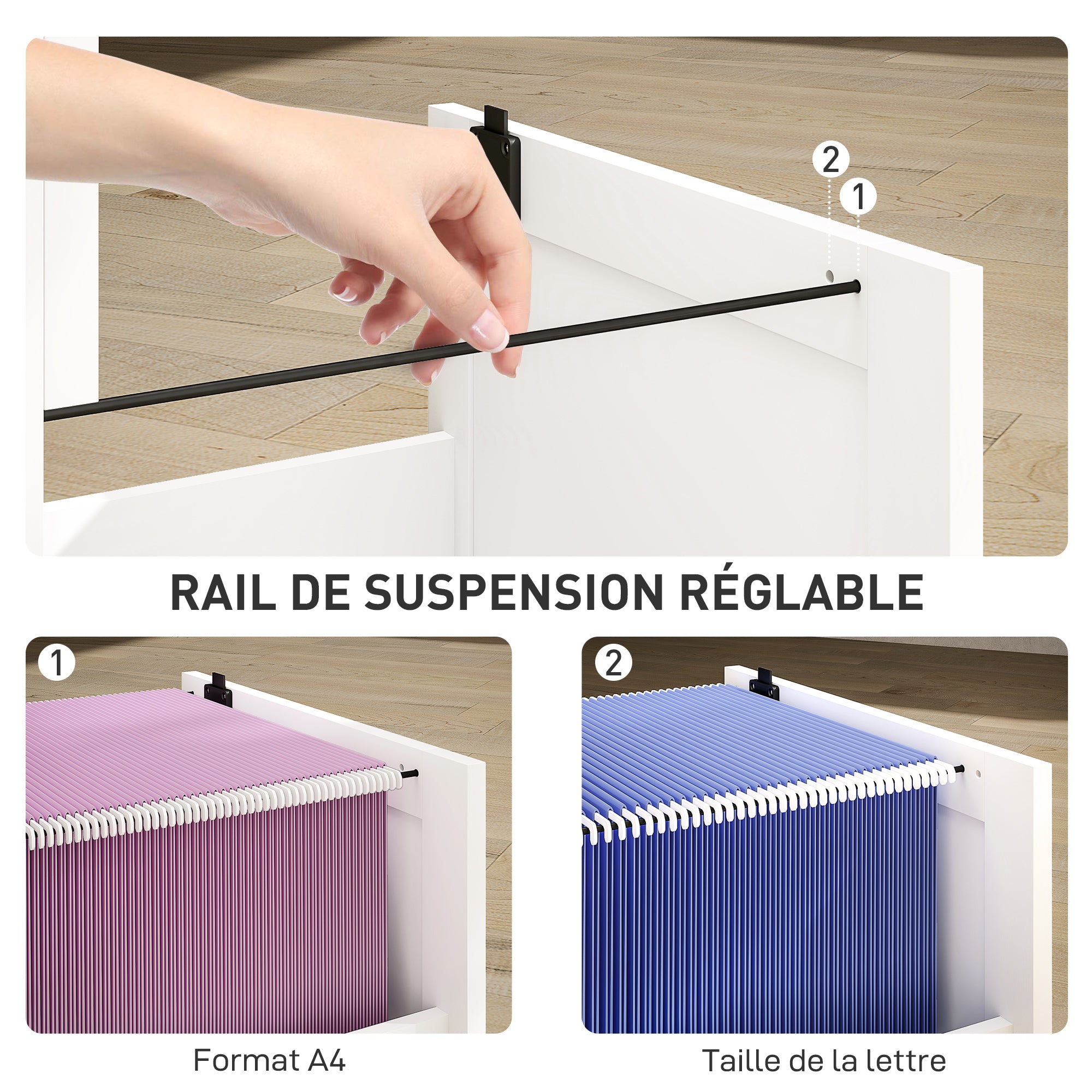 Caisson bureau, meuble rangement bois 3 tiroirs et serrure, barres de suspension réglables, 40 x 40 x 101 cm, blanc
