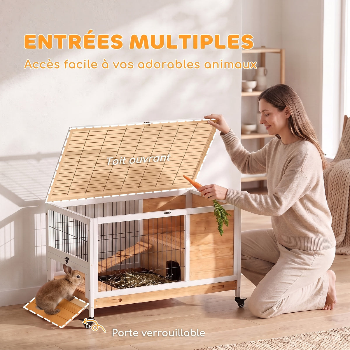 Clapier lapin intérieur clapier pour cochon d'inde en bois avec toit ouvrant et roulettes 90 x 53 x 59 cm jaune et blanc