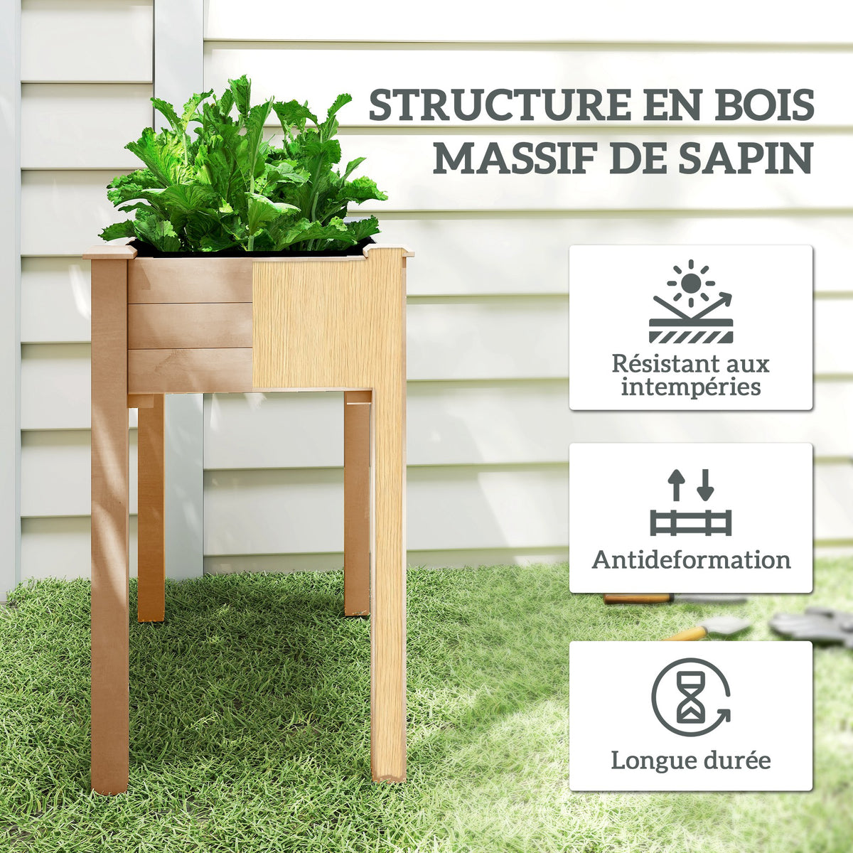 Jardinière surélevée en Bois, Carré Potager sur Pied surélevé, Trous de Drainage, Tissu non tissé, 86x46x76 bois naturel