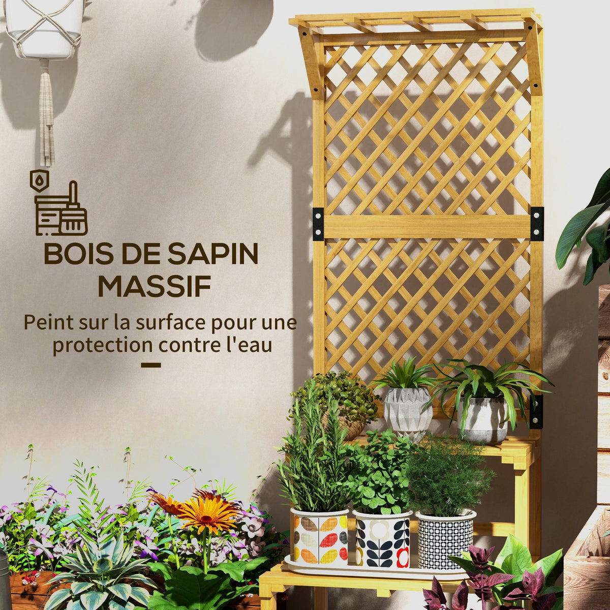 Support plantes intérieur porte plante intérieure à deux niveaux avec treillis 60 x 50 x 166 cm en bois massif jaune