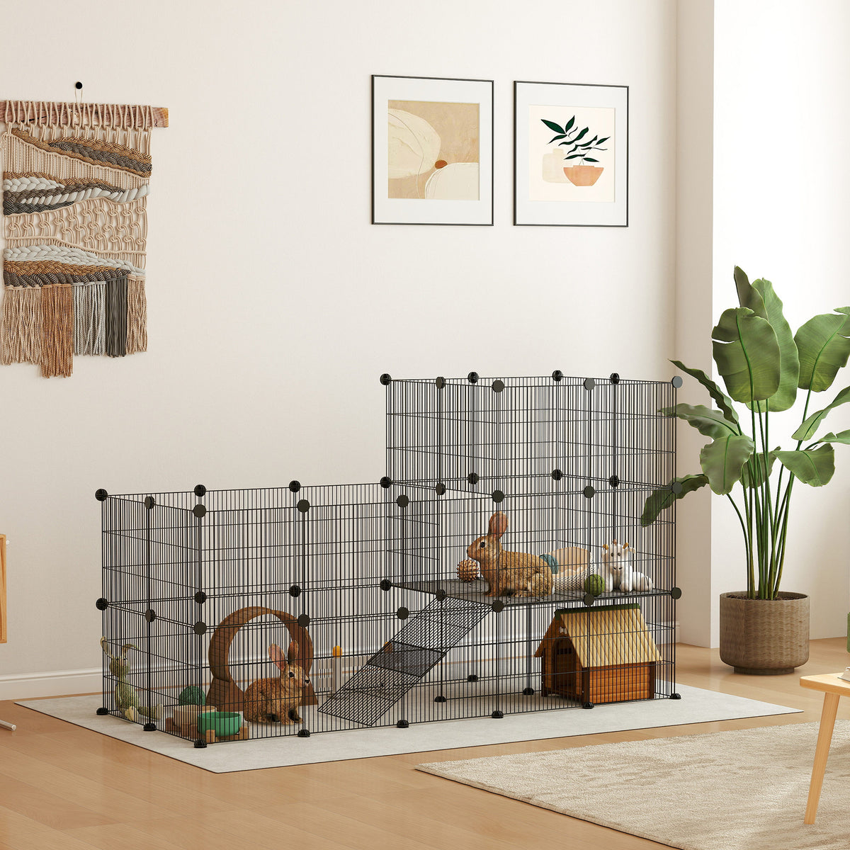 Dierenren voor kleine dieren, modulaire konijnenkooi met 2 niveaus, 39 panelen met helling, staal, 140 x 70 x 105 cm, zwart