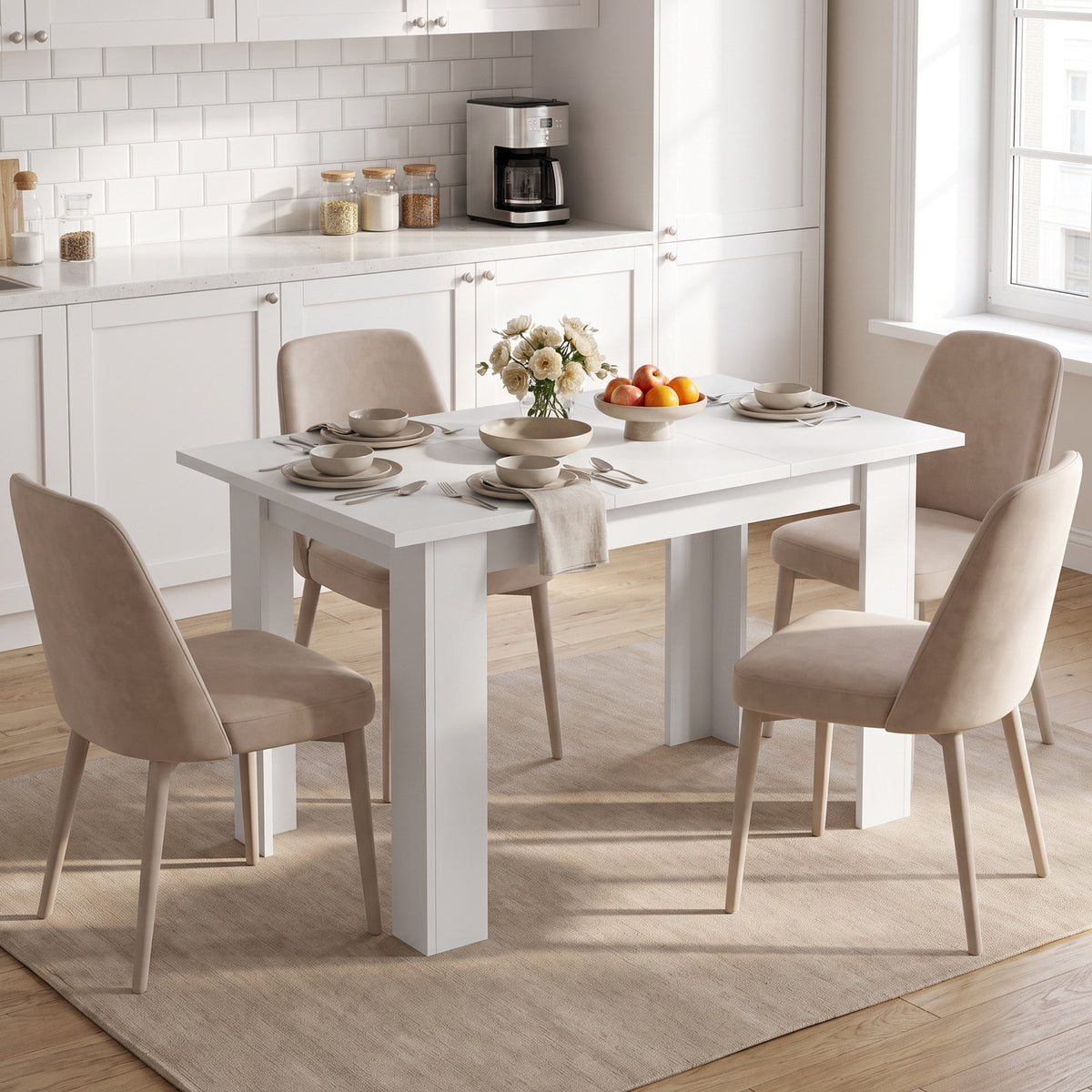 Eettafel voor 4 personen met hefblad en verborgen opbergruimte, 120 x 60 x 75,5 cm, wit