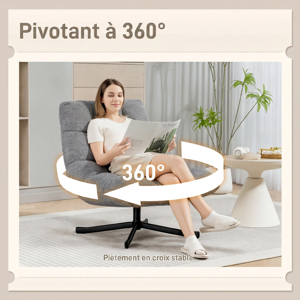 Fauteuil salon sans accoudoirs, chaise pivotante en tissu chenille, assise large, 75 x 95 x 90 cm, gris