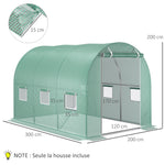 Bâche de Rechange Serre Tunnel 6 m², bâche 3 x 2 x 2 m PE Anti-UV imperméable 6 fenêtres + Porte Enroulable zippée Vert