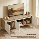 Meuble TV 120 cm, meuble télé pour téléviseur jusqu'à 55 pouces avec 3 portes, étagère réglable, chêne et blanc