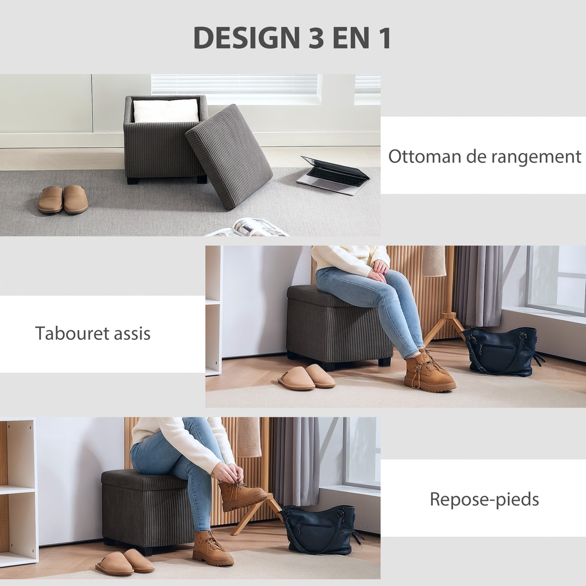 Pouf contenitore 30 L con coperchio rimovibile, pouf cubo imbottito in velluto a coste, 40 x 40 x 40 cm, grigio