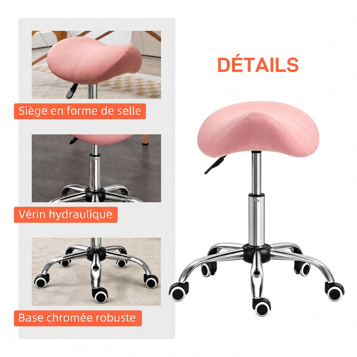 Tabouret à roulettes, chaise de travail avec hauteur réglable 49-61 cm et selle ergonomique, 52x53x49-61cm, rose