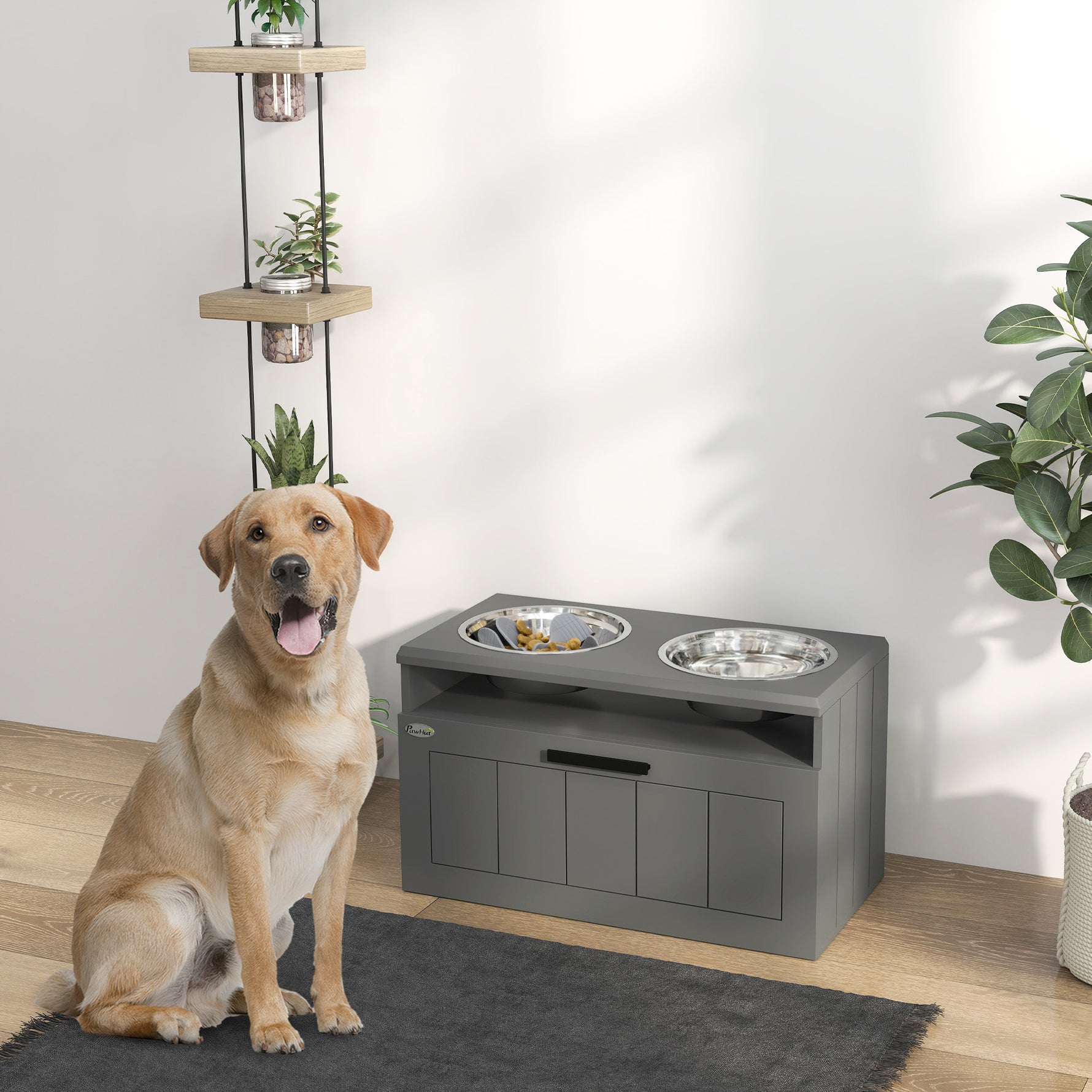 Gamelle Chien Surélevée avec Bols Anti-Glouton & Eau en Acier Inoxydable, Tiroir de Rangement, 60x30x35cm, Gris