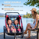 Remolque de bicicleta para niños 2 en 1, cochecito de bicicleta para bebés de 2 plazas, manillar ajustable, freno de mano, cinturón de seguridad, rojo