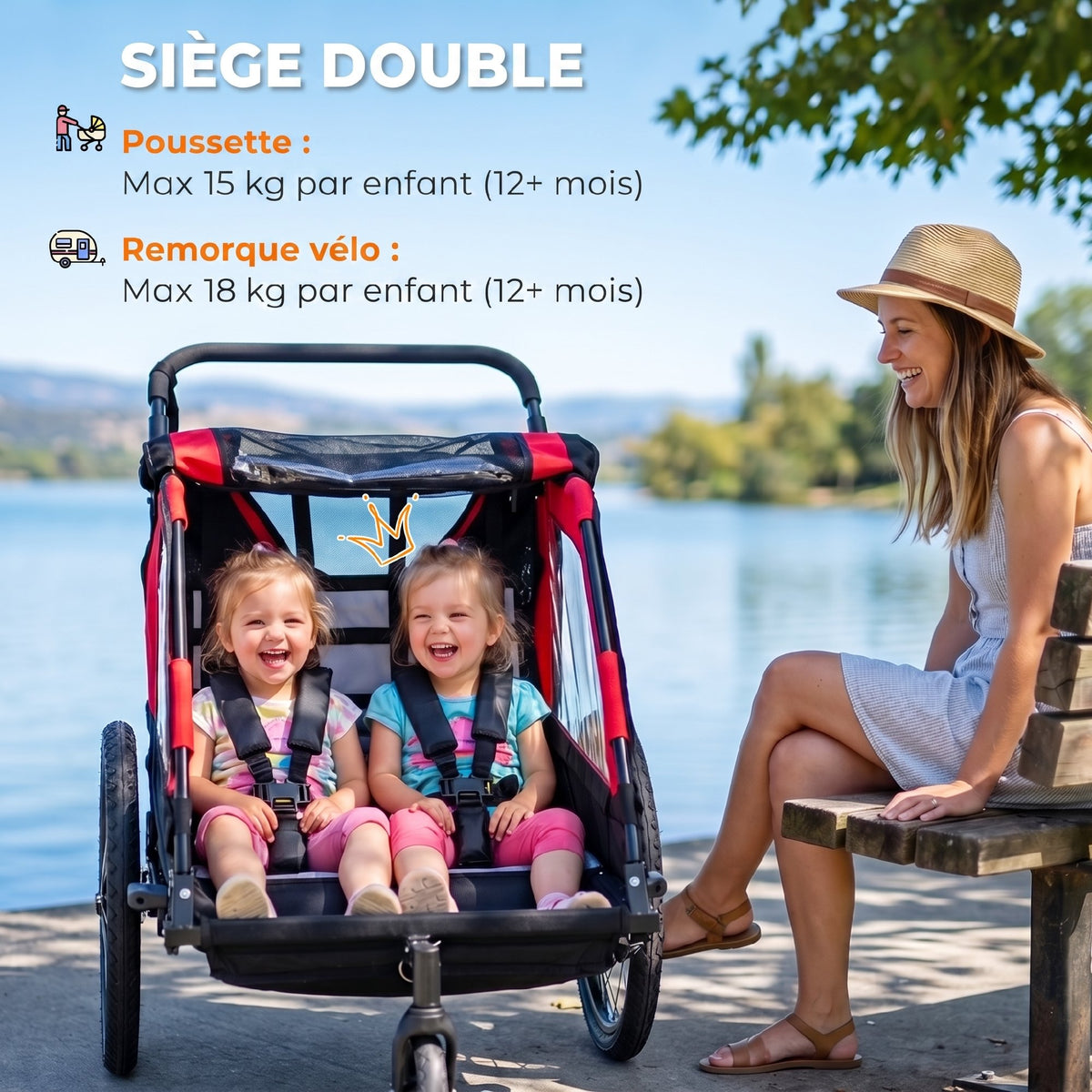 Remolque de bicicleta para niños 2 en 1, cochecito de bicicleta para bebés de 2 plazas, manillar ajustable, freno de mano, cinturón de seguridad, rojo