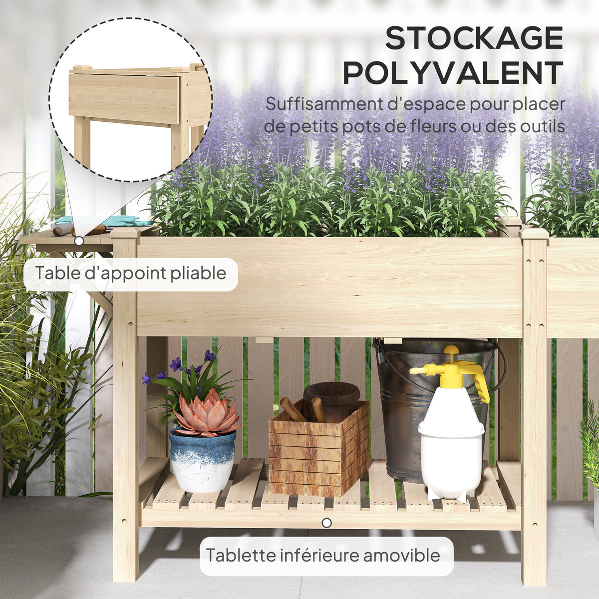 Jardinière sur pieds carré potager de jardin sur pieds 2 bacs tablette étagère inférieure 207 x 59 x 78 cm bois naturel