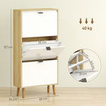 Meuble à chaussures, armoire à chaussures étroite, 3 tiroirs rabattables, porte haute brillante, 60x24x127cm, blanc