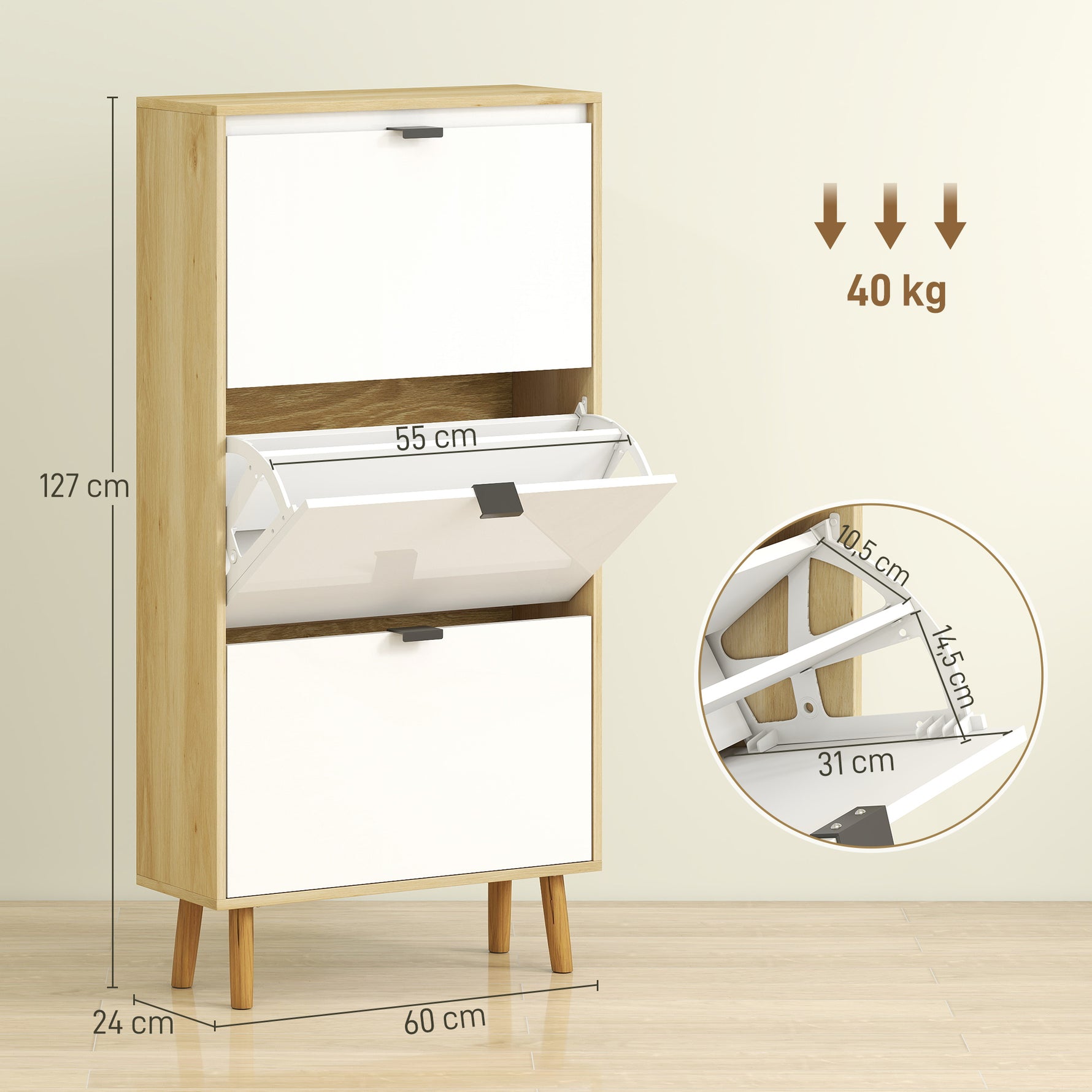 Meuble à chaussures, armoire à chaussures étroite, 3 tiroirs rabattables, porte haute brillante, 60x24x127cm, blanc