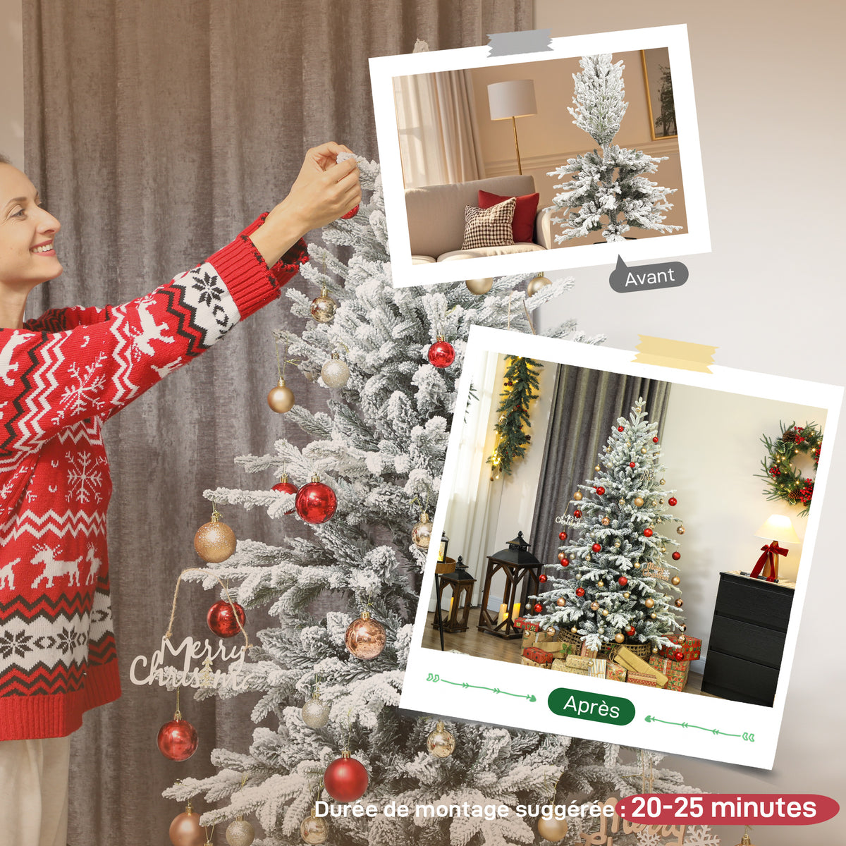 Sapin de Noël artificiel floqué de neige 180 cm, arbre de Noël avec 1815 branche, support en métal pliable, vert