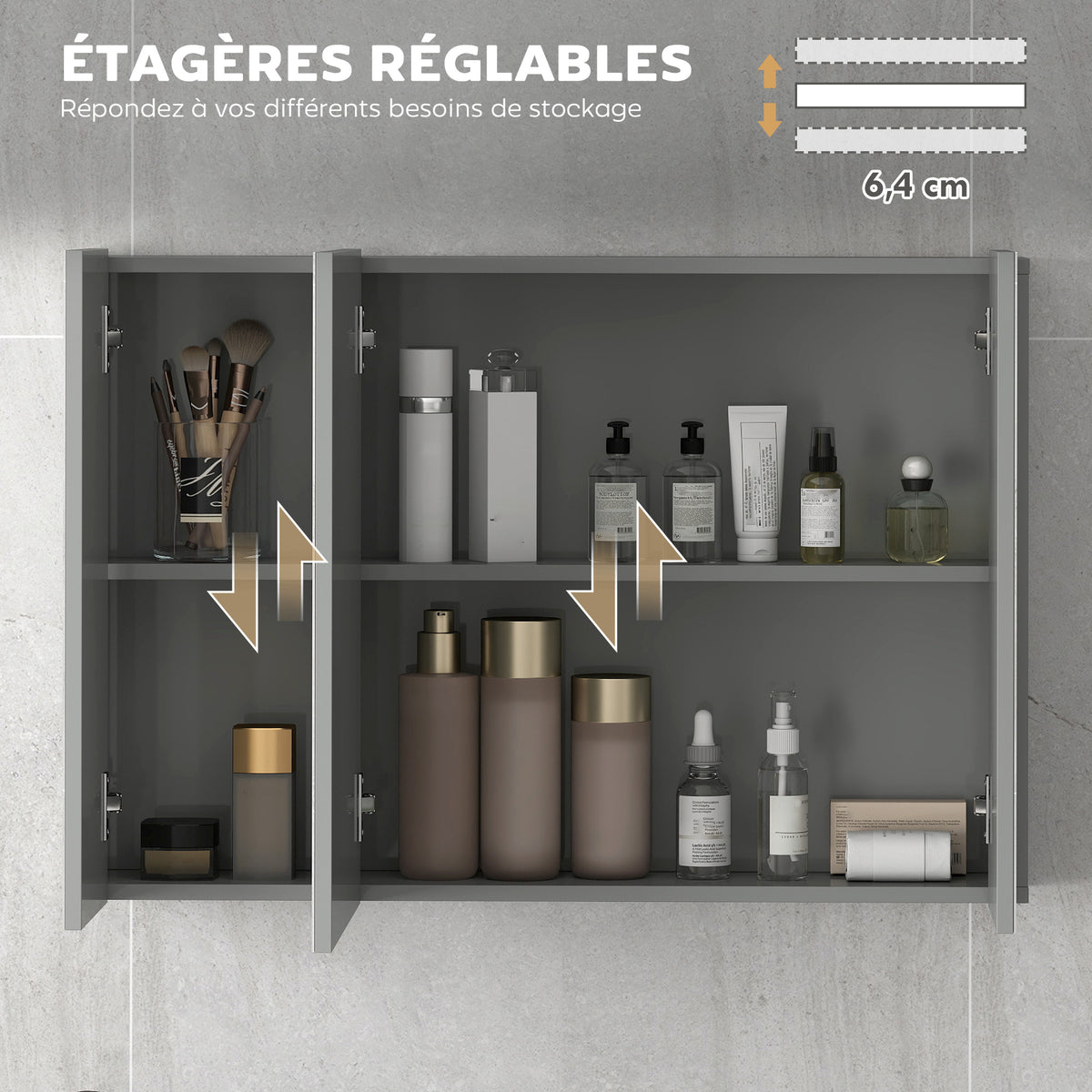 Armoire murale de salle de bain avec 3 portes miroir et étagères réglables en MDF Gris dim. 90L x 15l x 60H cm