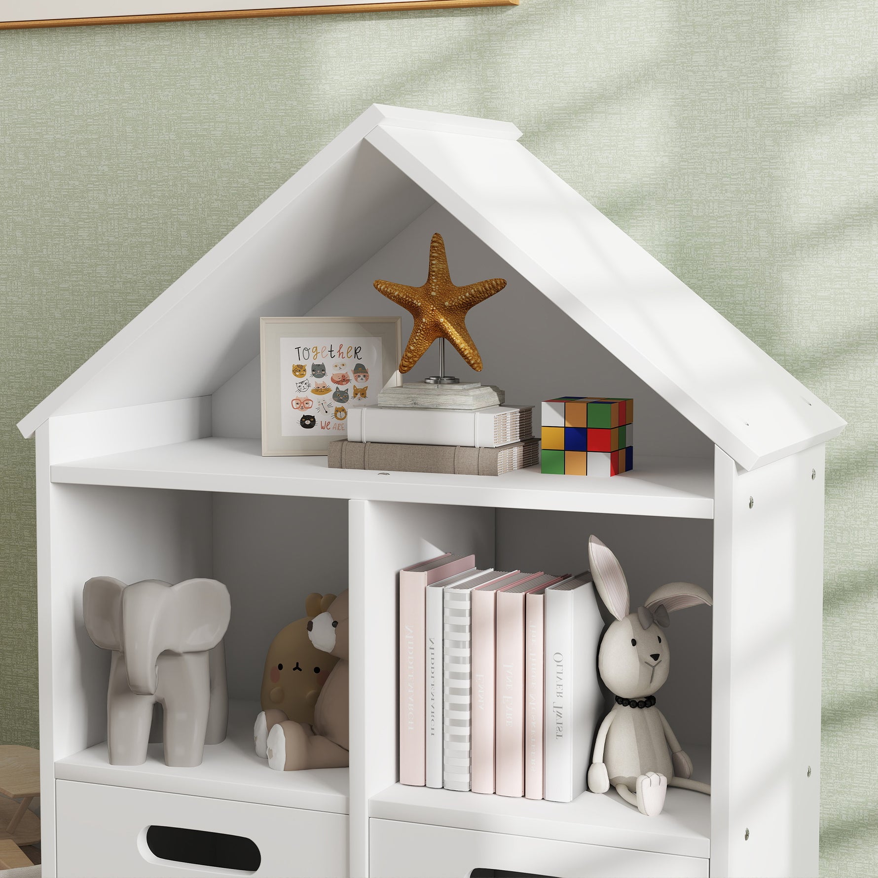 Bibliothèque enfants meuble de rangement enfants 3 niveaux avec deux tiroirs forme de maison 63,7 x 29,7 x 89 cm blanc