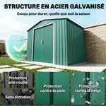 Abri de Jardin 2,42 m² - Remise pour Outils avec kit de fondation - cabanon Porte verrouillable - dim. 213L x 130l x 185H cm - tôle d'acier Vert