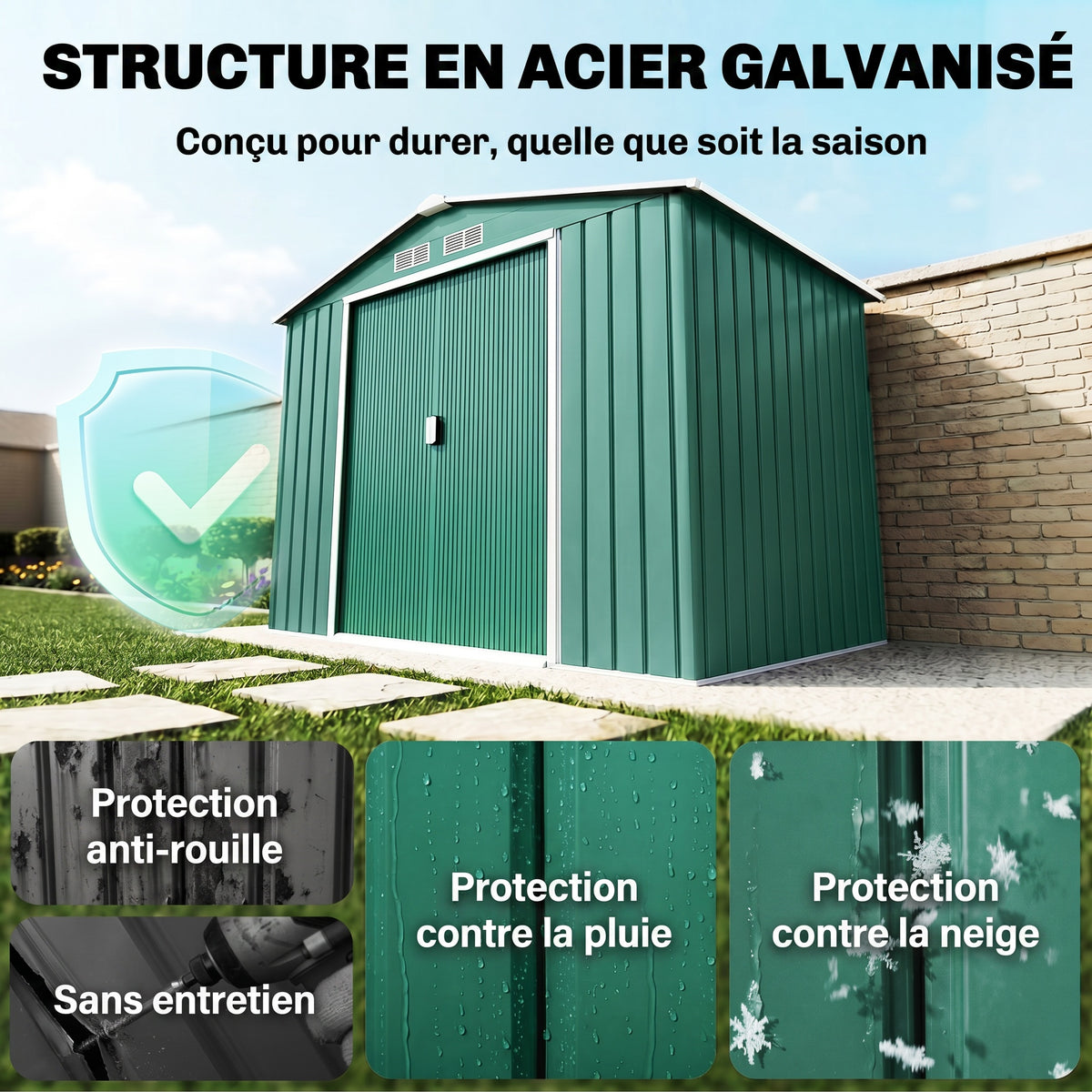 Abri de Jardin 2,42 m² - Remise pour Outils avec kit de fondation - cabanon Porte verrouillable - dim. 213L x 130l x 185H cm - tôle d'acier Vert