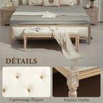 Banc Banquette classique capitonné 115cm bout de lit Rembourrée en lin - bois d'hévéa sculpté, patiné - crème