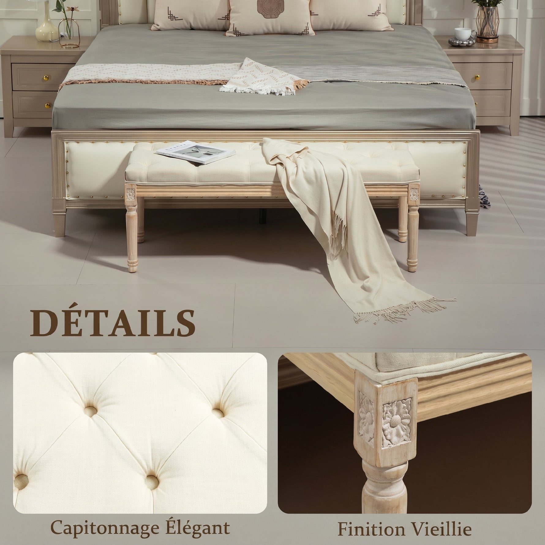 Banc Banquette classique capitonné 115cm bout de lit Rembourrée en lin - bois d'hévéa sculpté, patiné - crème