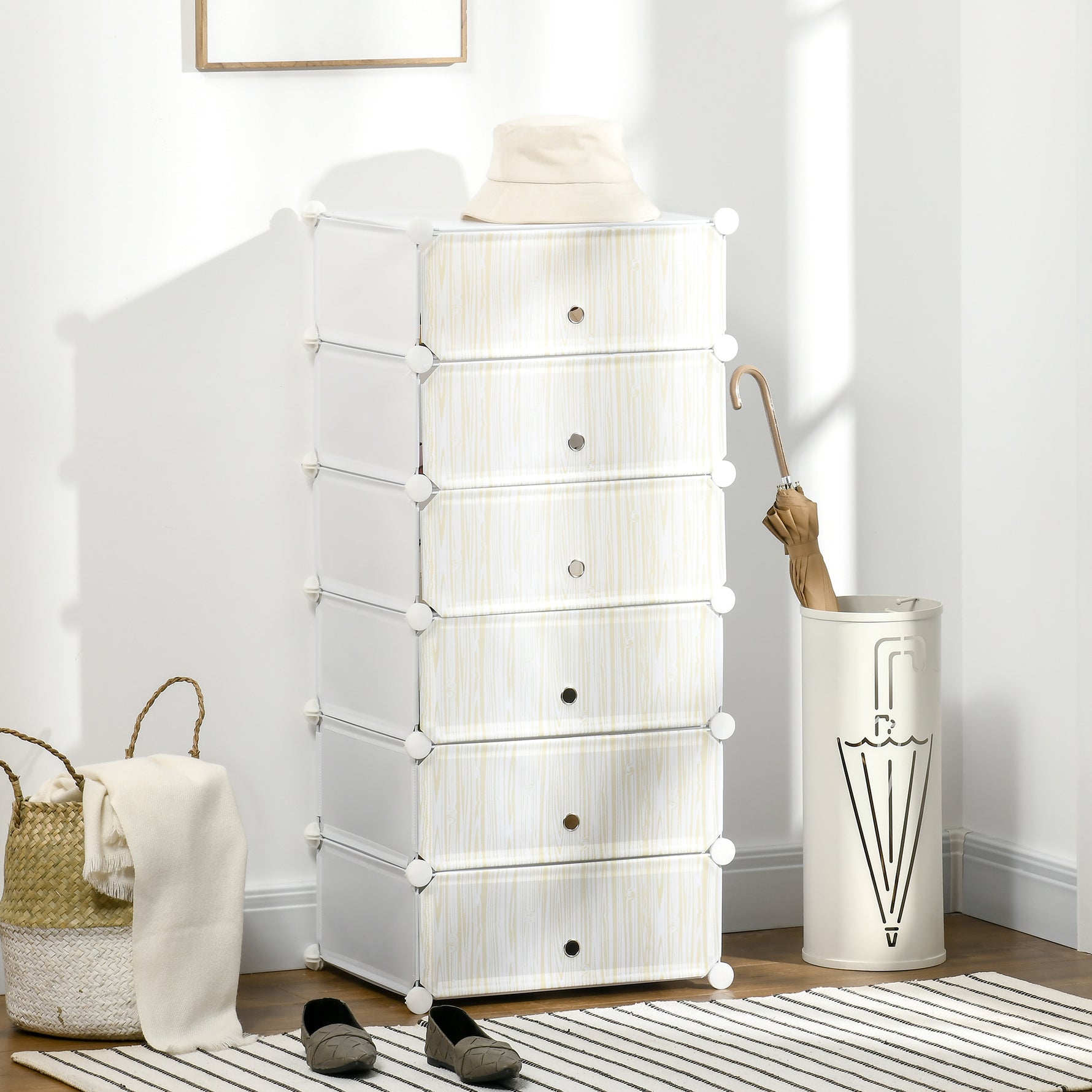 Armoire à chaussures modulable, meuble de rangement avec 6 cubes empilable en plastique, 49 x 36,5 x 108 cm blanc