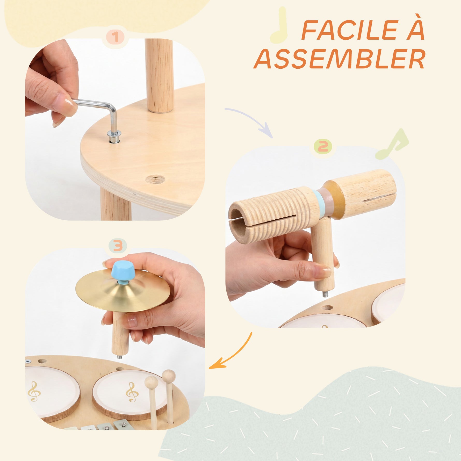 Jeux de Tambours pour Bébé, Tambour bébé avec Xylophone pour Tout-Petits, Instruments de Musique en Bois, Naturel