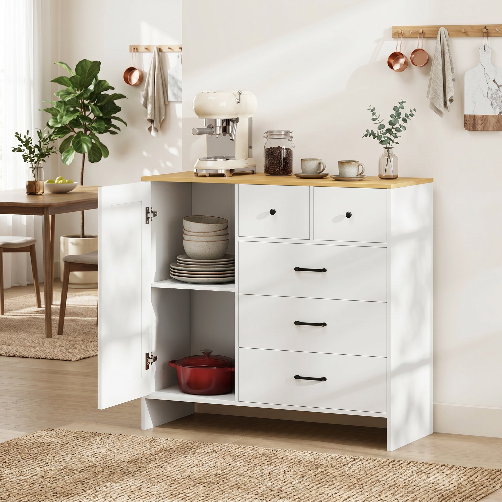 Buffet Cuisine, Meuble de Rangement avec 5 Tiroirs et Porte, Style Rustique, 100 x 40 x 94 cm, Blanc