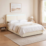 Lit Coffre 140 x 190 cm, LED RGB, Tête Réglable, Cadre de Lit Double Rembourré Velours, Rangement Hydraulique, Crème