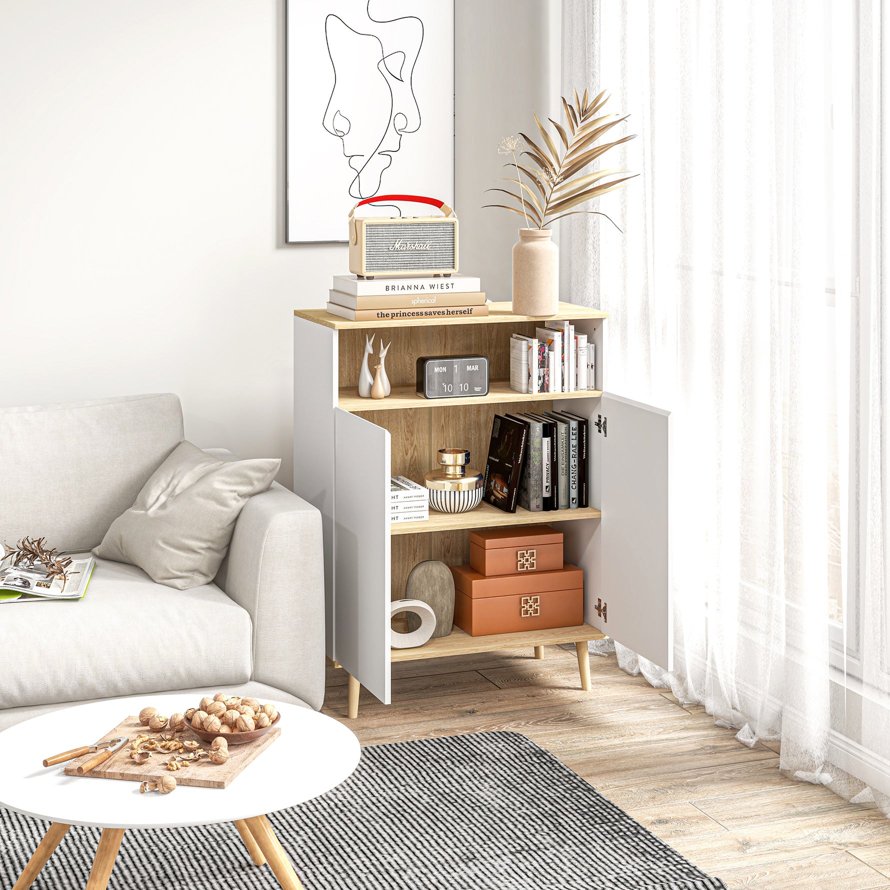 Meuble de rangement buffet sur pied scandinave placard 2 portes avec étagère intérieure blanc et aspect bois