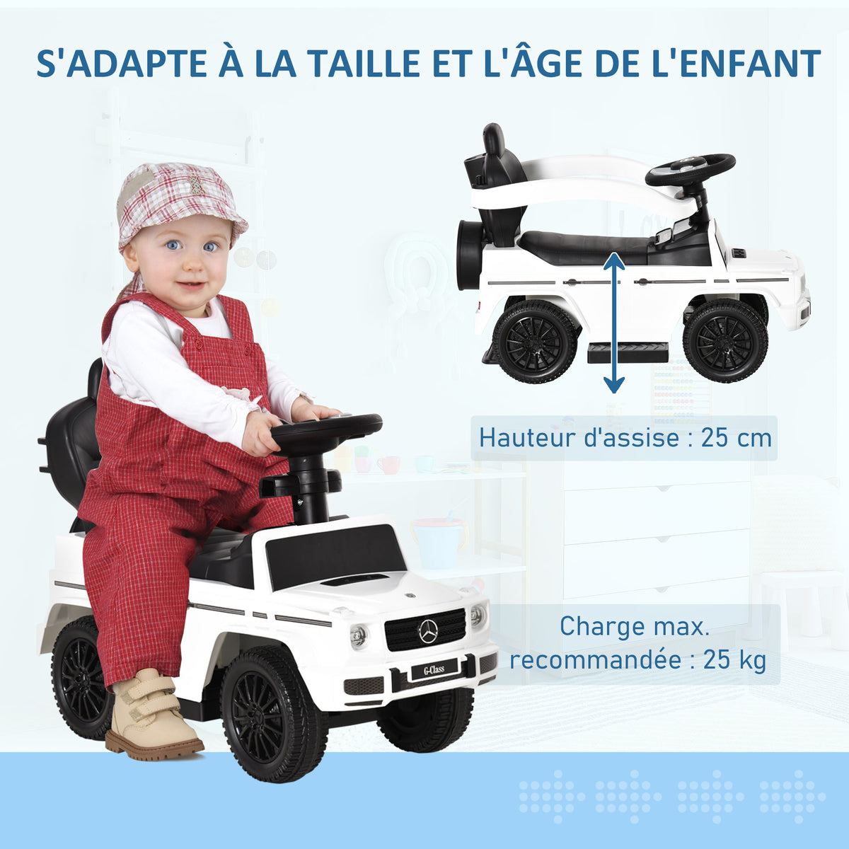 Porteur Enfants Voiture Enfant Multi-équipée 12-36 Mois klaxon Marche-Pieds, Garde-Corps et ombrelle Blanc
