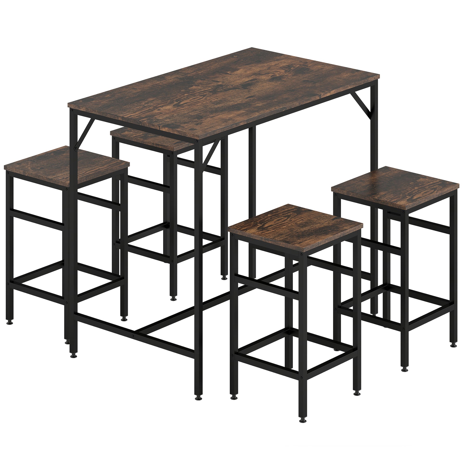 Ensemble table de bar industriel + 4 tabourets repose-pieds en bois couleur chêne cadre en métal noir