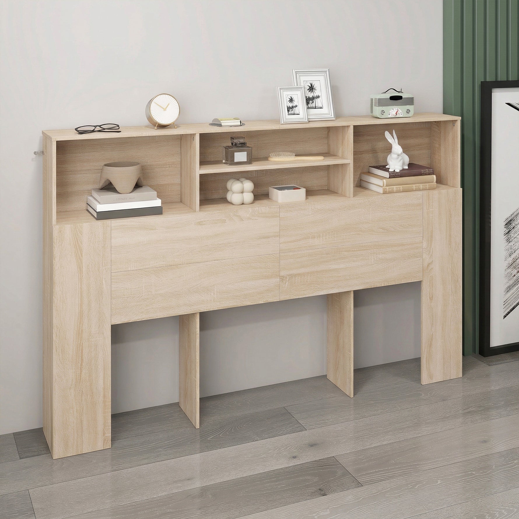 Tête de lit sur pied avec rangements, accessoire de lit 4 compartiments ouverts, 160 x 20,2 x 108,2 cm, bois naturel