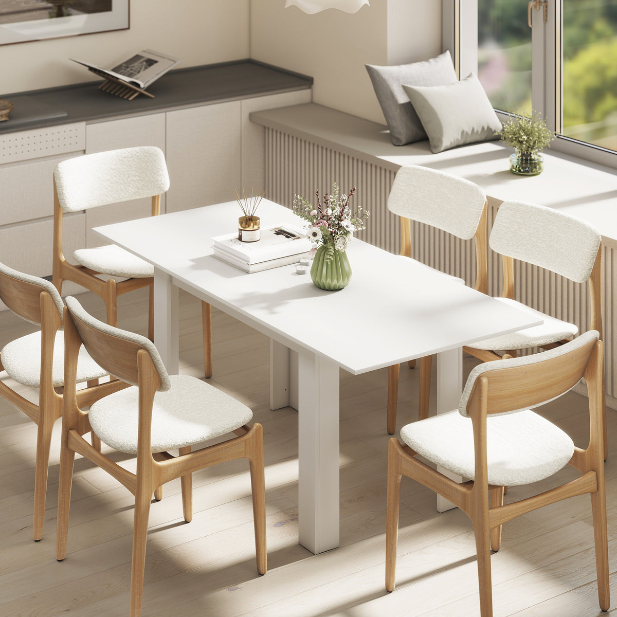 Extendable dining table, rectangular kitchen table, for 6-8 people, 140-180 x 80 cm, white