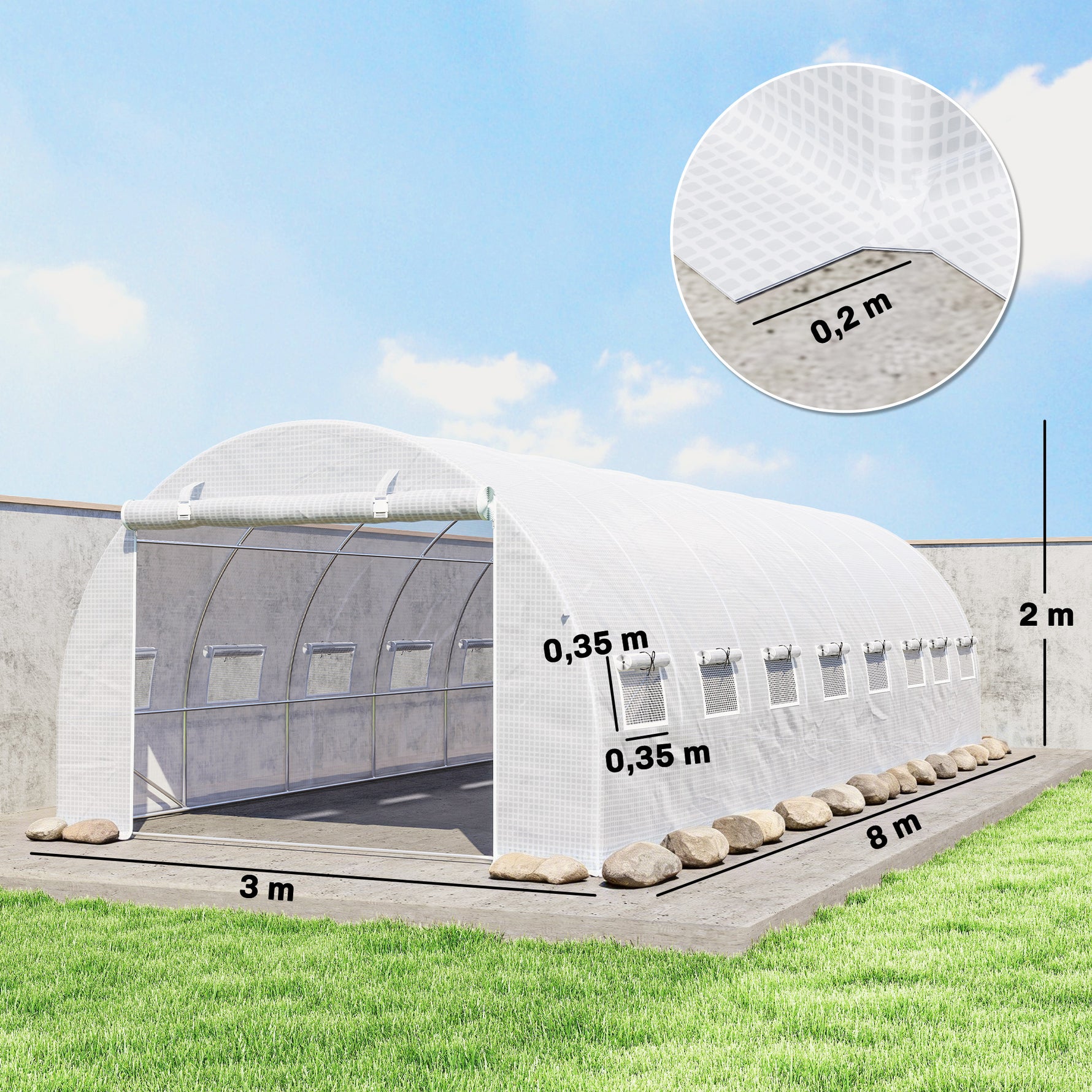 Serre de jardin tunnel 24m² 8L x 3l x 2H m - 16 fenêtres, Porte zippée enroulable acier galvanisé, bâche PE, Blanc