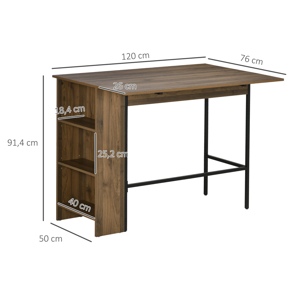 Centraal kookeiland bartafel met inklapbaar zijblad en 3 planken 120 x 76 x 91,4 cm bruin